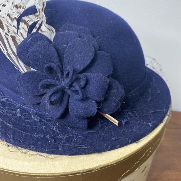 Vintage NOS Adolfo II NY Paris Hat Wool Blue  Felt Feather Netting Church New Vintage NOS Adolfo II NY Paris Hat Wool Blue Felt Feather  main image 2